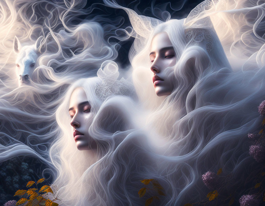 Ethereal women with white hair in misty forest with white horse