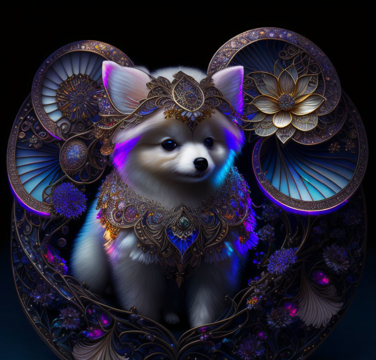 Regal white fluffy dog with golden jewelry and floral patterns on dark background