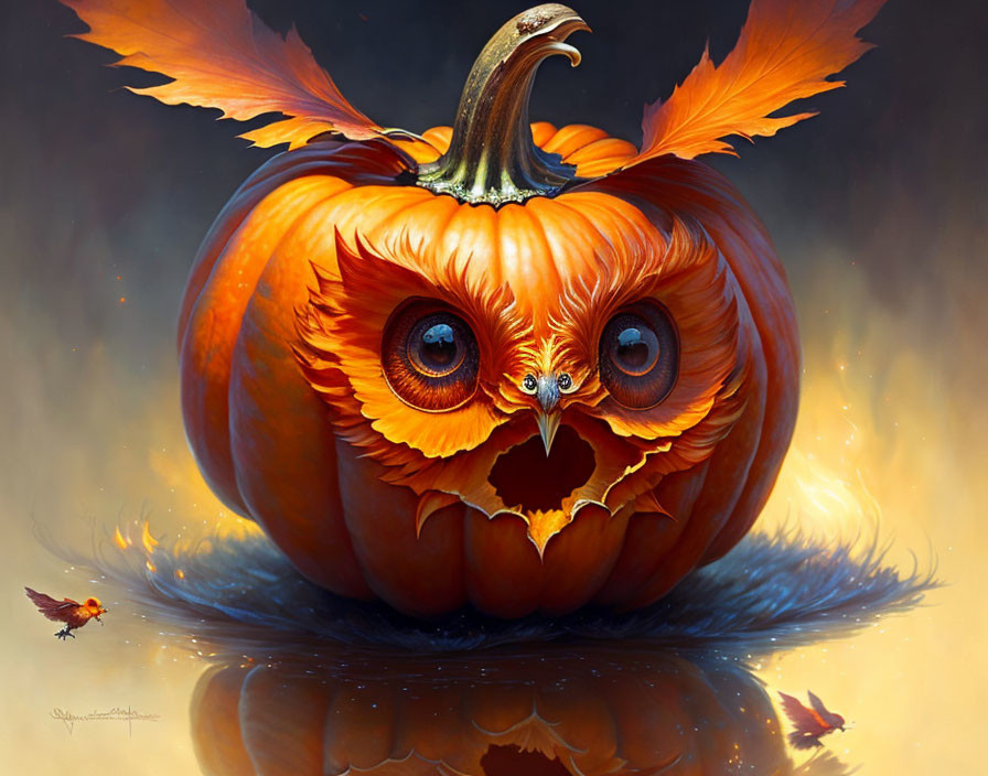 Whimsical pumpkin carving resembling an owl with feathered wings and a leaf bird.