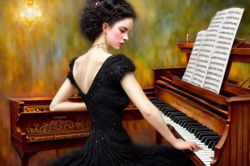 Woman in black dress playing grand piano with elegant updo in warmly lit room