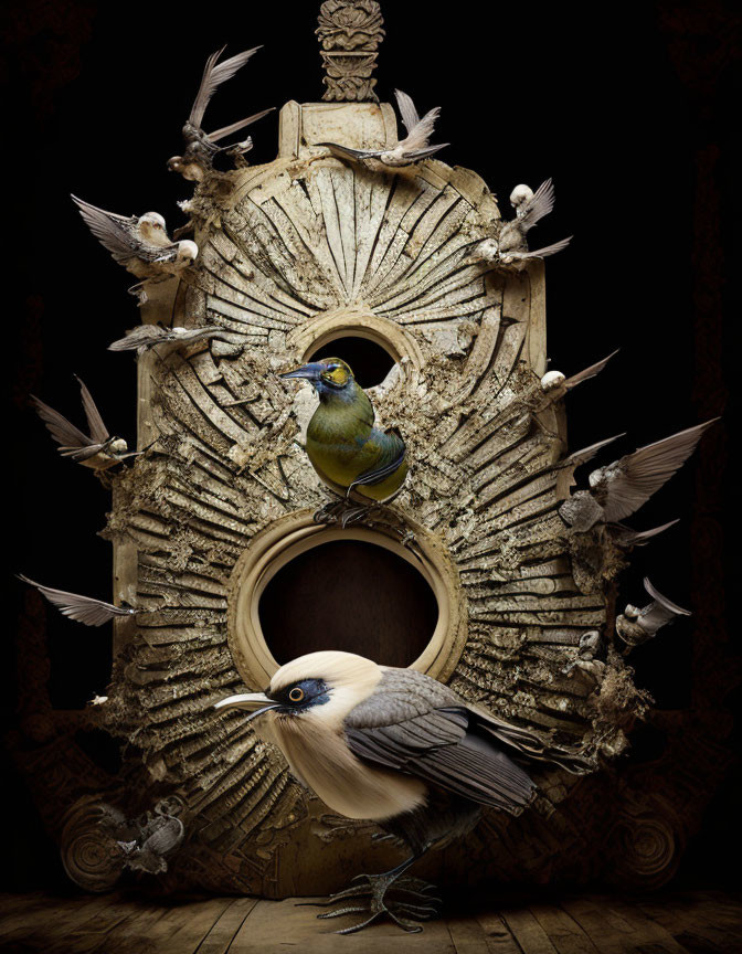 Colorful Bird Perched on Ornate Wooden Structure with Flying Sparrows