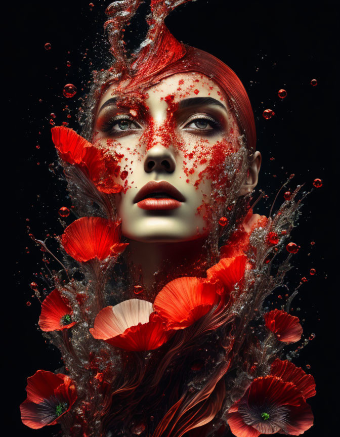 Woman adorned with vibrant red poppy flowers and splashes on dark background