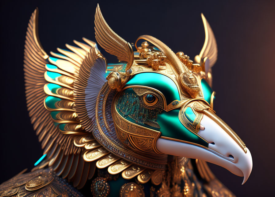 Detailed 3D illustration of mythological golden bird with turquoise designs on dark background