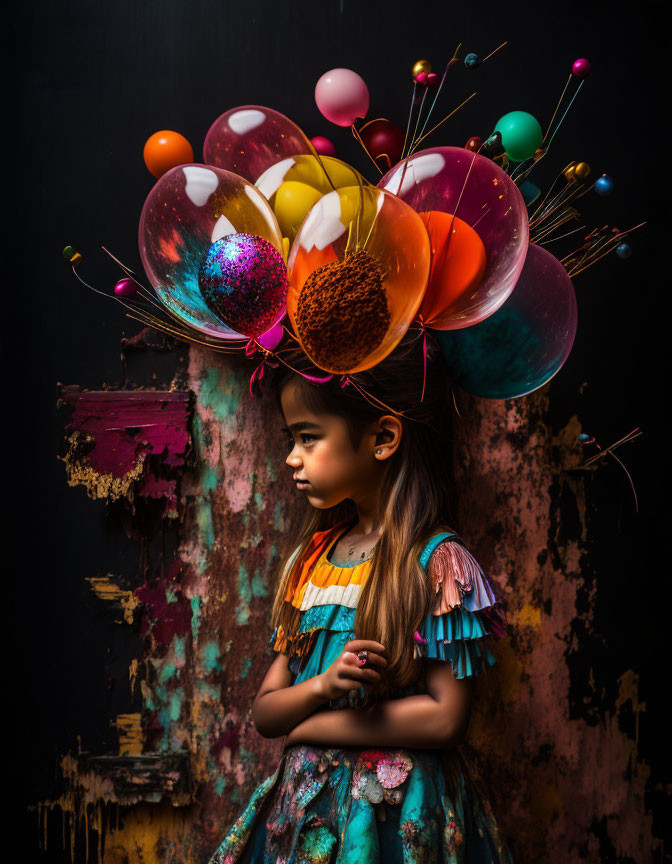 Colorful Dress Young Girl with Balloon Headdress Portrait