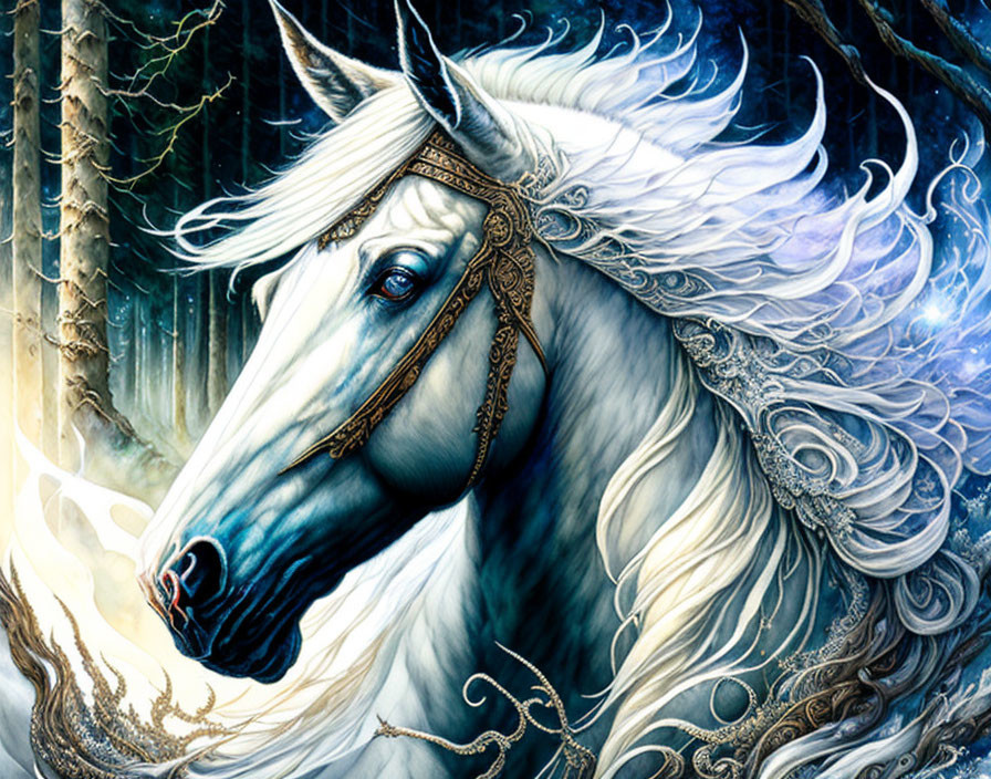 Majestic unicorn with flowing mane and intricate bridle in frosty backdrop