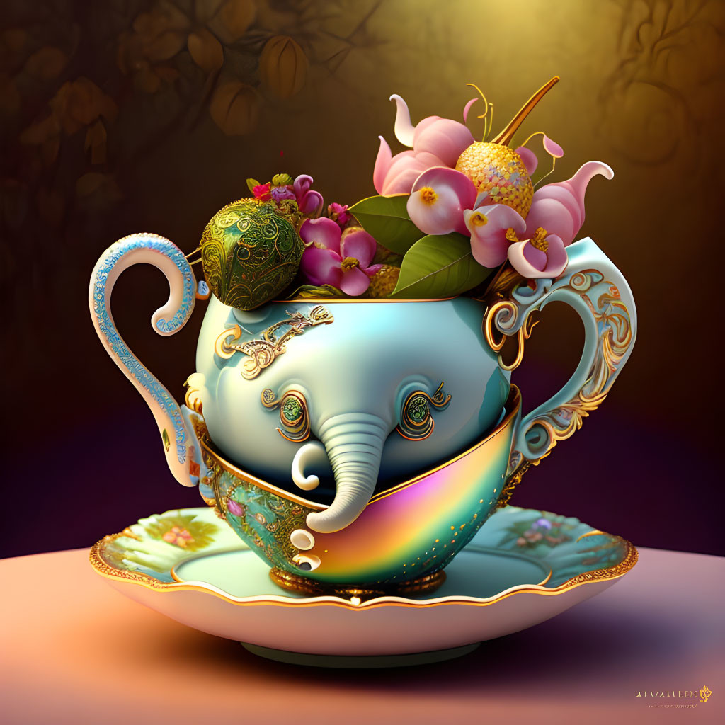 Ornate Elephant-Shaped Teacup with Intricate Patterns and Jewels