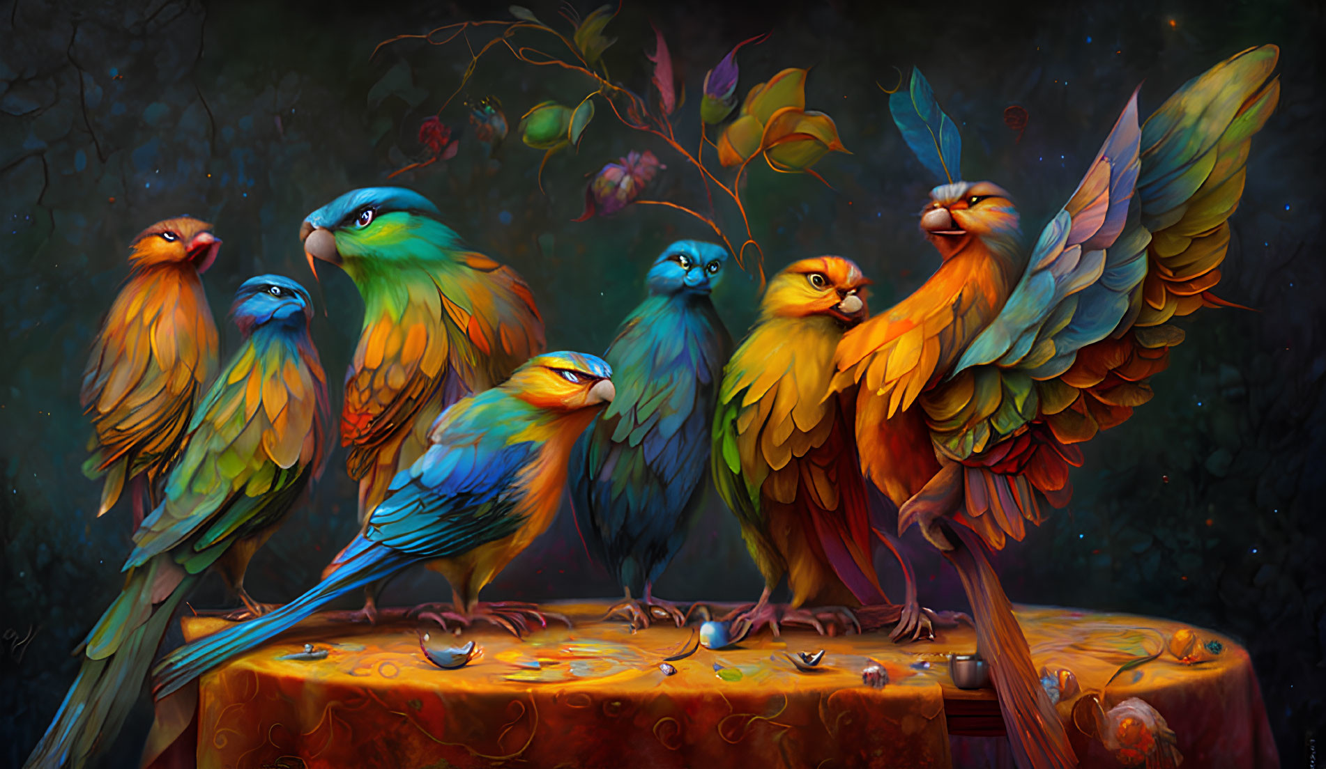 Colorful Stylized Birds Perched on Branch in Enchanted Forest