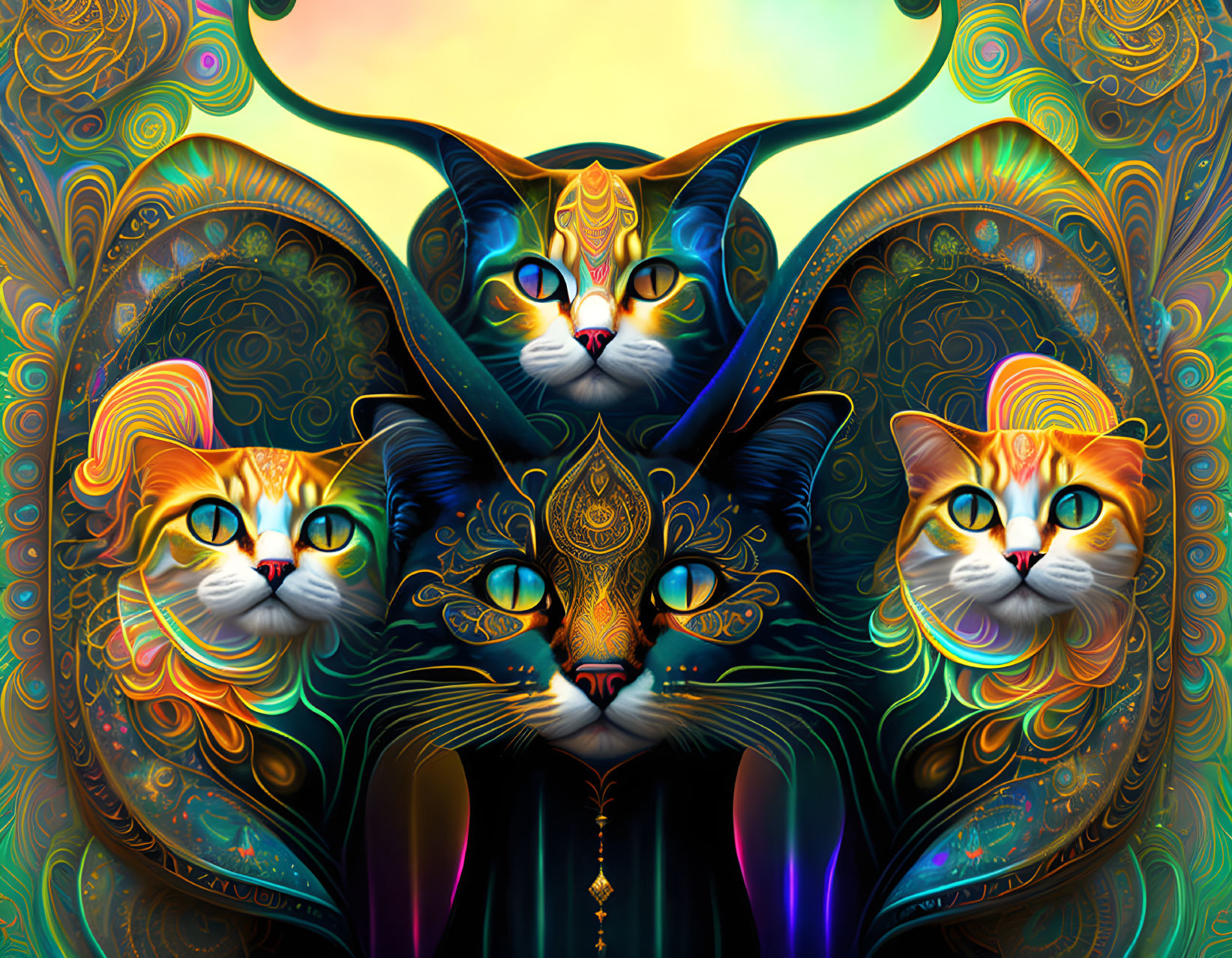 Colorful Digital Artwork: Four Stylized Cats in Psychedelic Setting