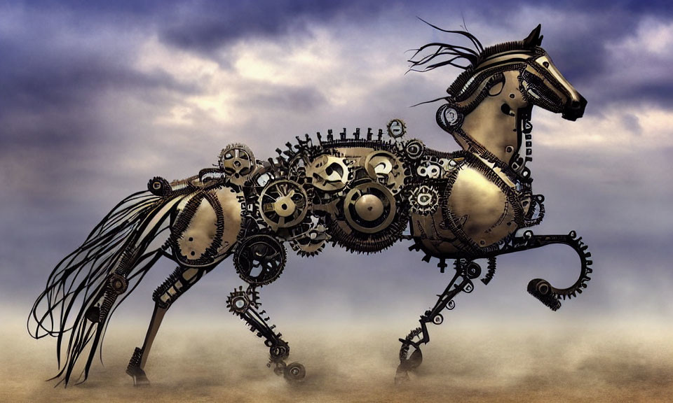 Mechanical Horse Sculpture in Steampunk Style on Cloudy Sky