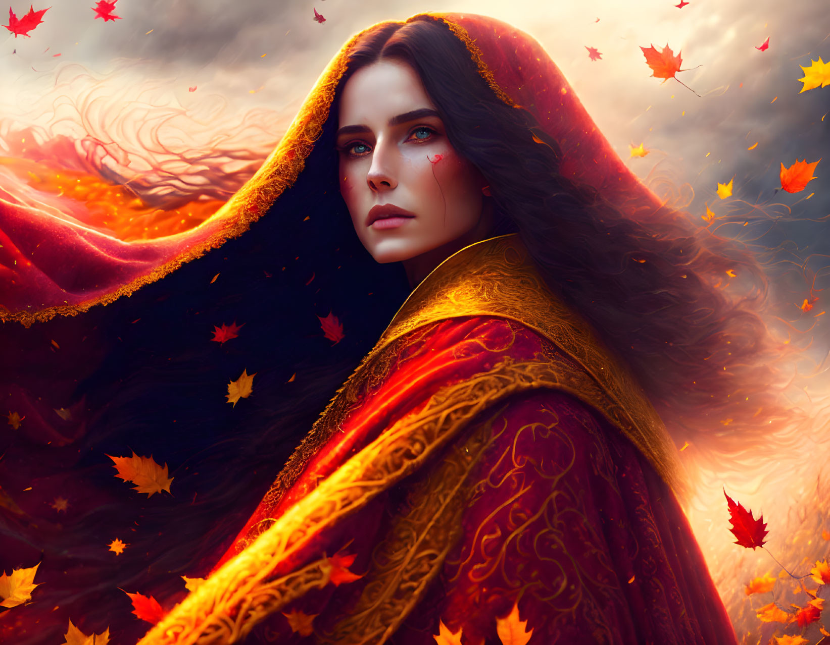 Woman with Blue Eyes in Red Cloak Among Autumn Leaves