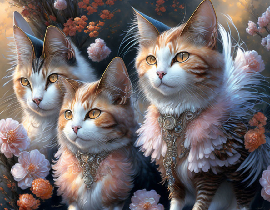 Regal cats with feathered wings and ornate collars in pink flower setting