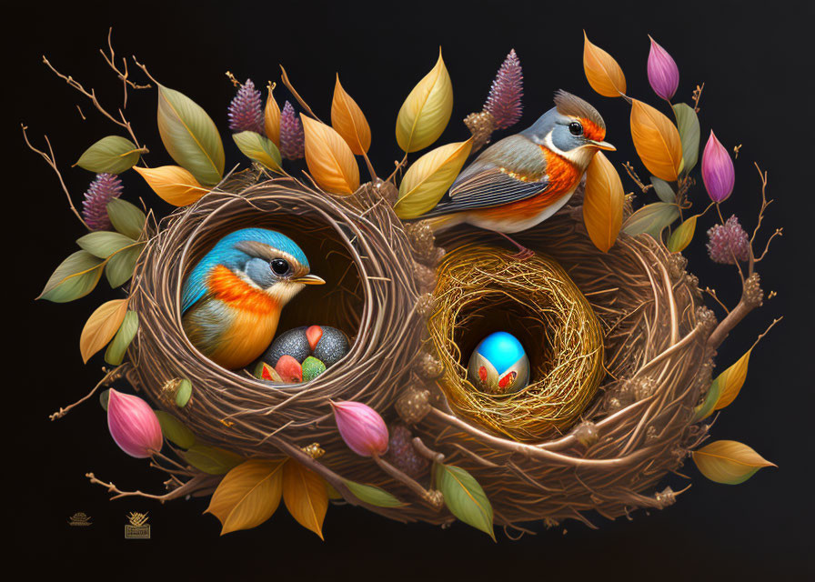 Colorful Birds in Nests with Vibrant Plumage and Flowers