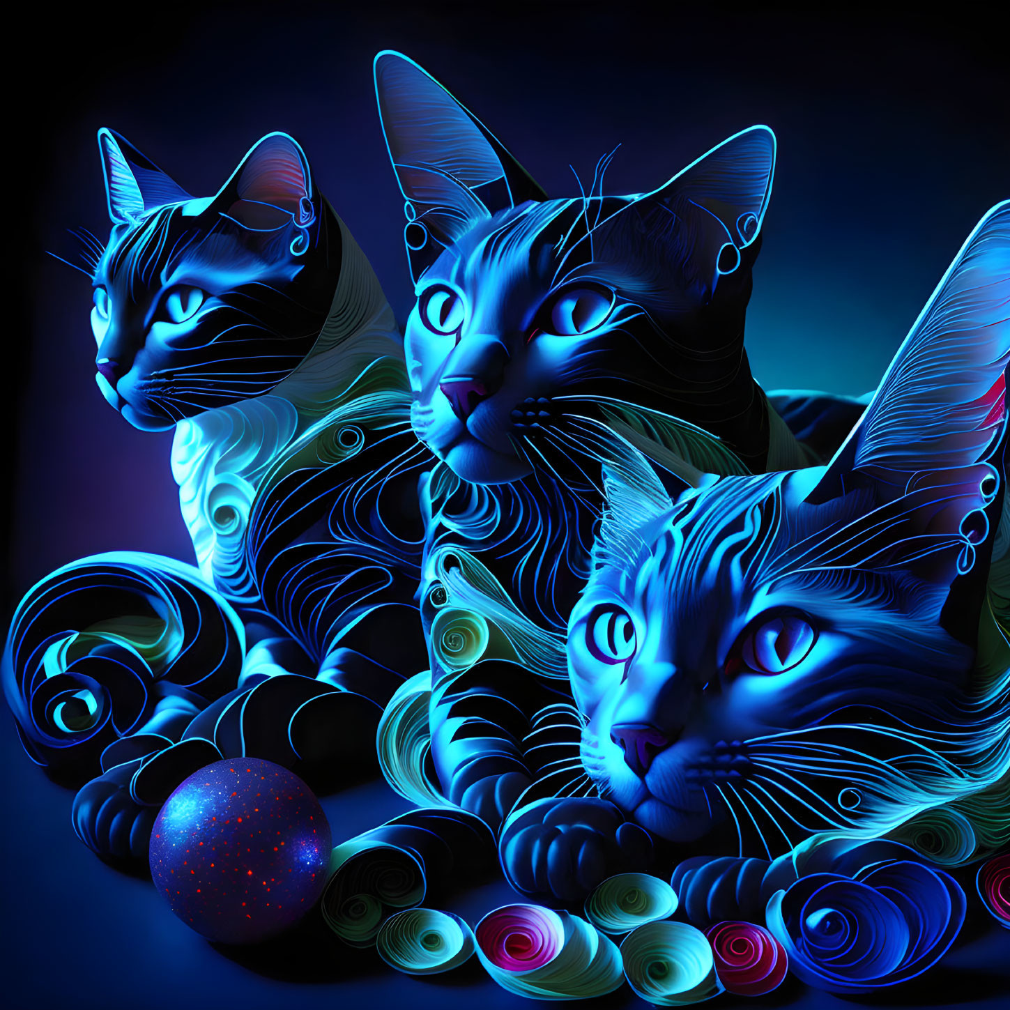 Three stylized neon-lit cats with swirling patterns on a dark blue background