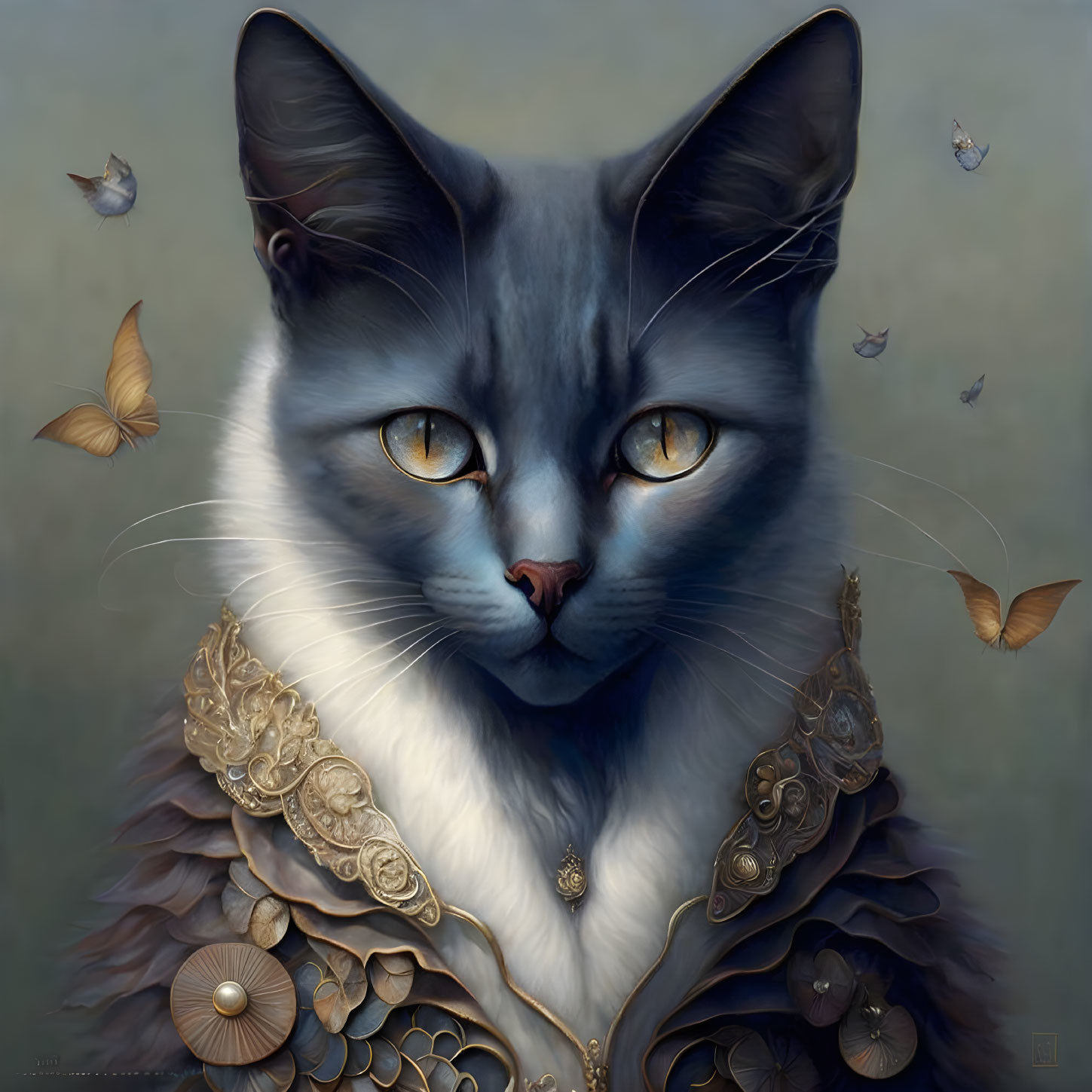 Regal Cat with Yellow Eyes and Butterfly Surroundings