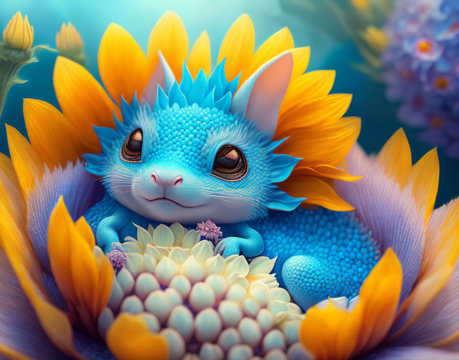 Whimsical blue creature among sunflowers with spiky textures