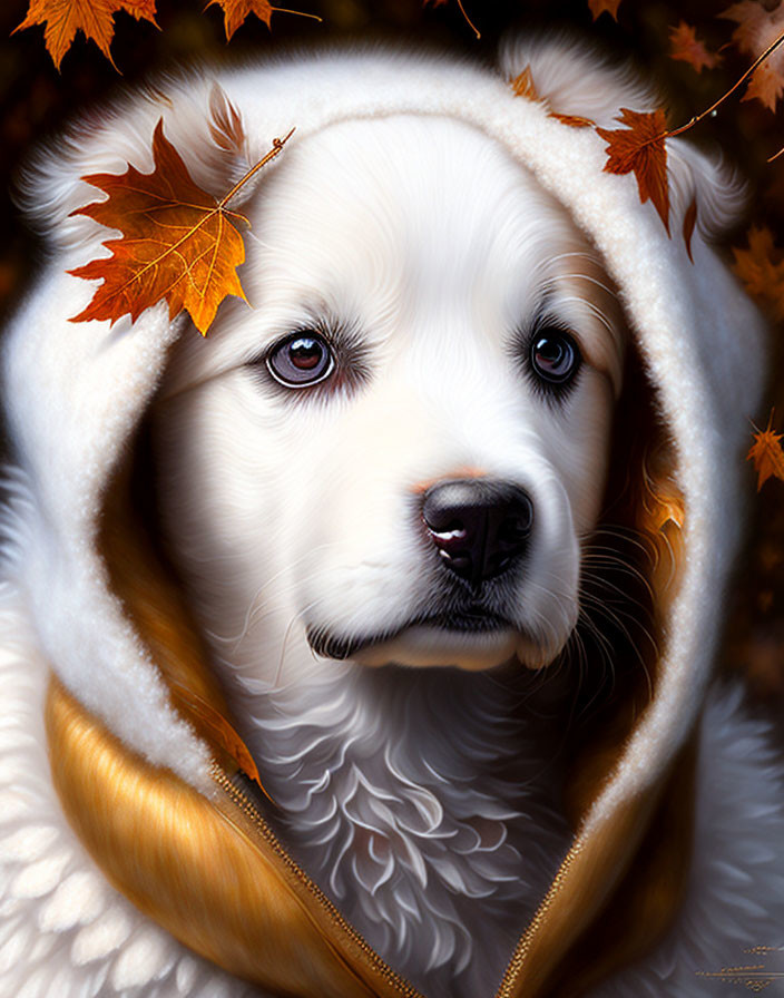 Fluffy white dog in golden brown hoodie surrounded by autumn leaves