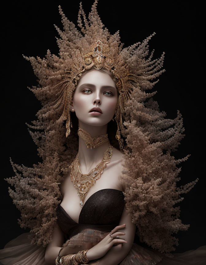 Elaborate Golden Headdress and Jewelry on Woman Against Dark Background