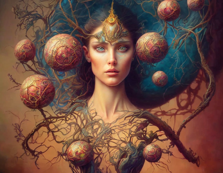 Fantastical portrait of female figure with tree branches and mystical orbs in hair