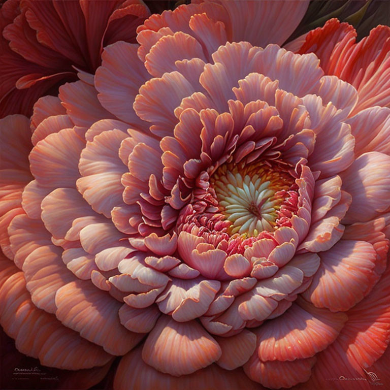 Detailed Painting of Large Coral Chrysanthemum Bloom