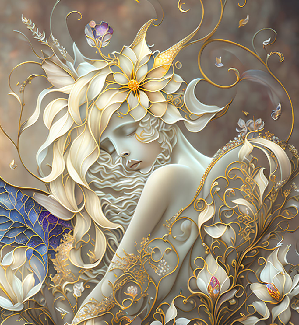 Ethereal figure with golden floral adornments in magical setting