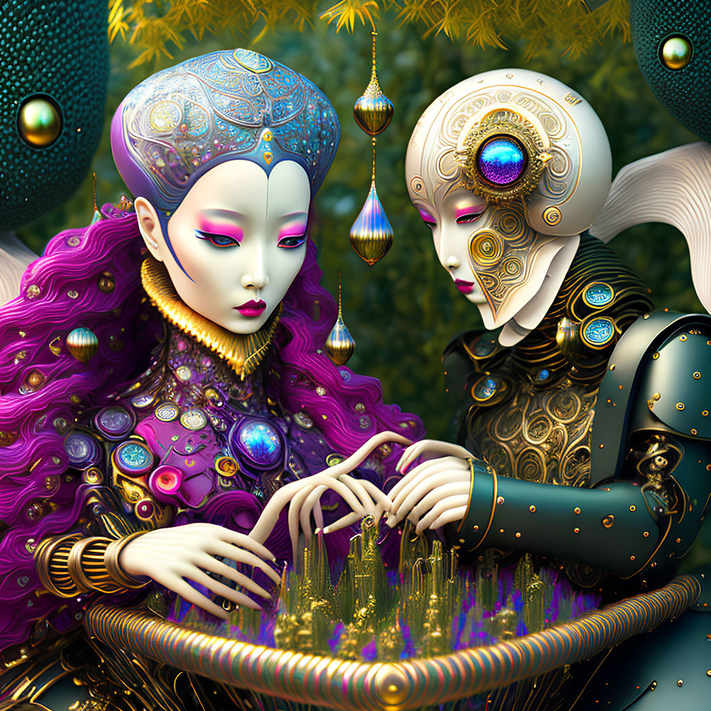 Intricately adorned female figures with vibrant attire in lush, fantastical setting