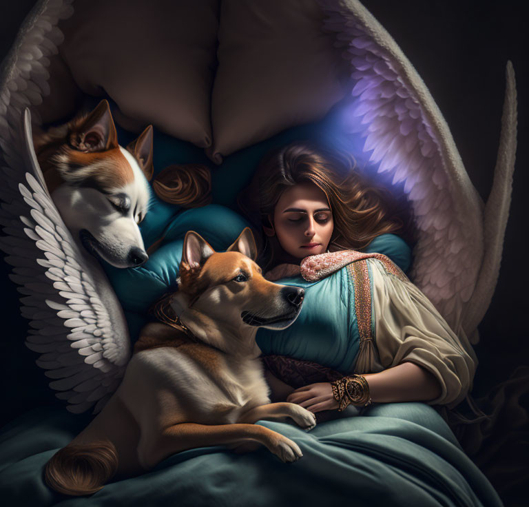 Woman with angel wings sleeping peacefully with two dogs on plush pillow in serene, dark ambiance