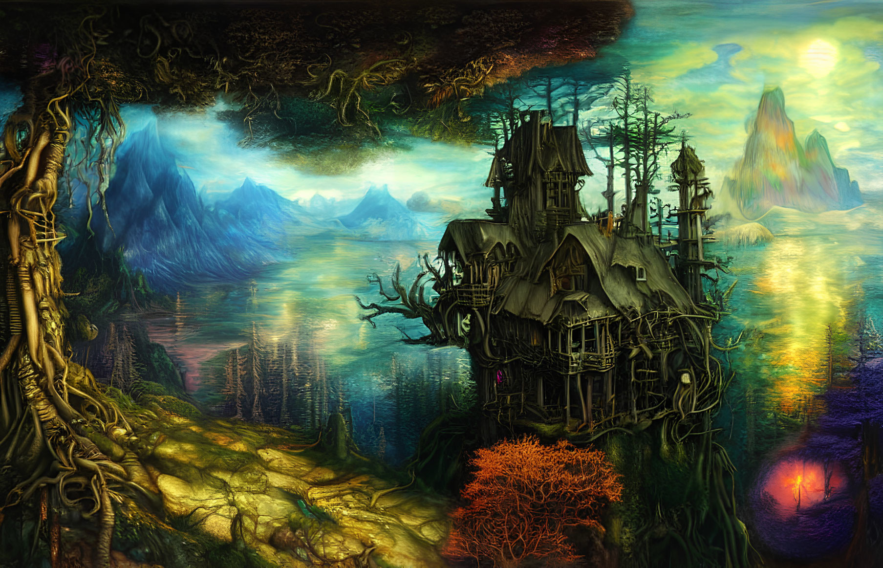 Eerie fantasy landscape with haunted house on cliff, misty valley, mountains, glowing sunset