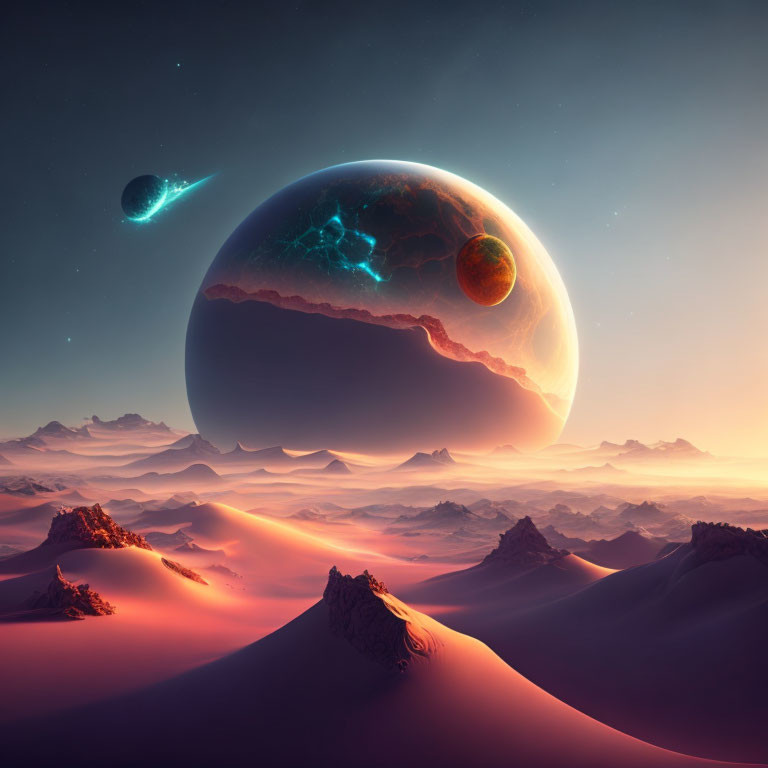 Surreal landscape with sand dunes, oversized planet, smaller celestial body, and comet under twilight