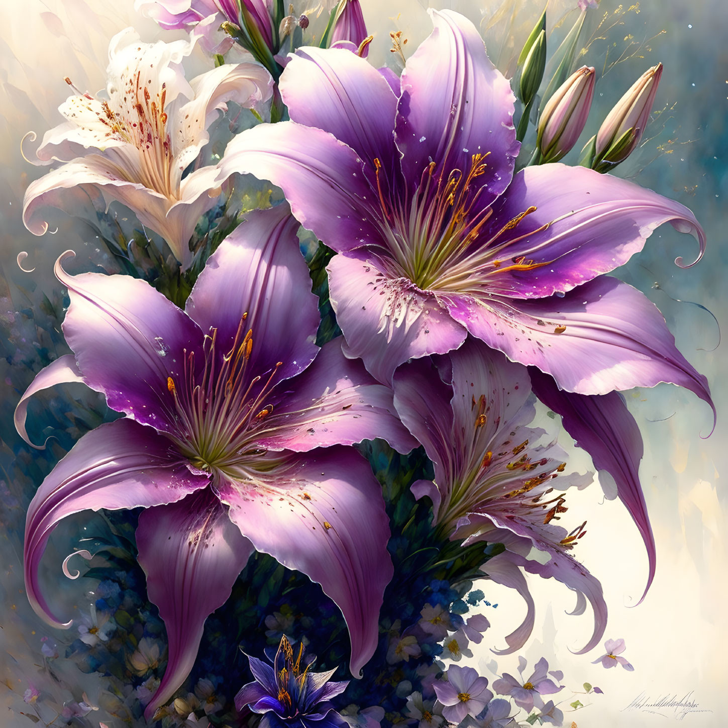 Detailed Purple and White Lilies Digital Painting