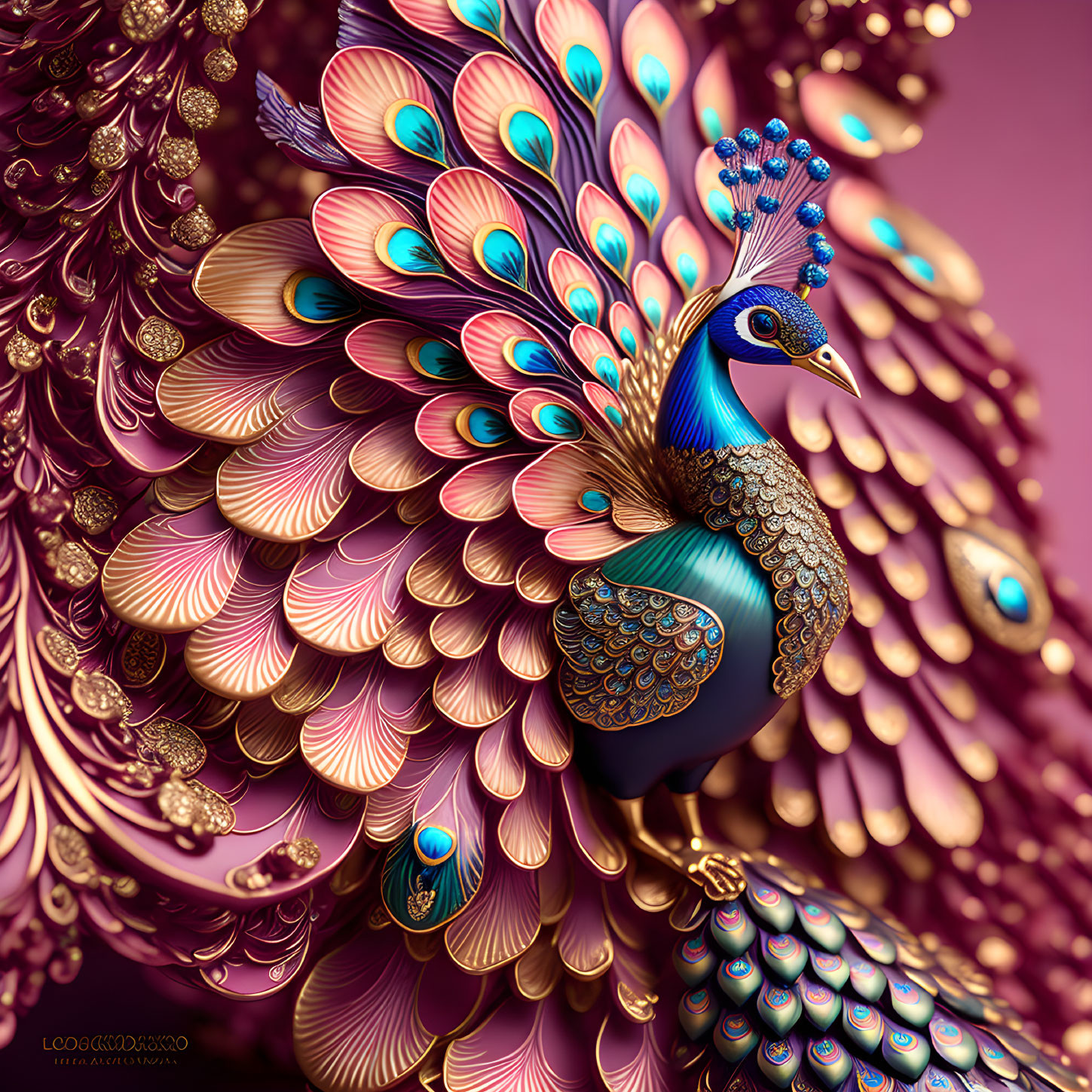 Colorful Digitally-Enhanced Peacock on Purple Background