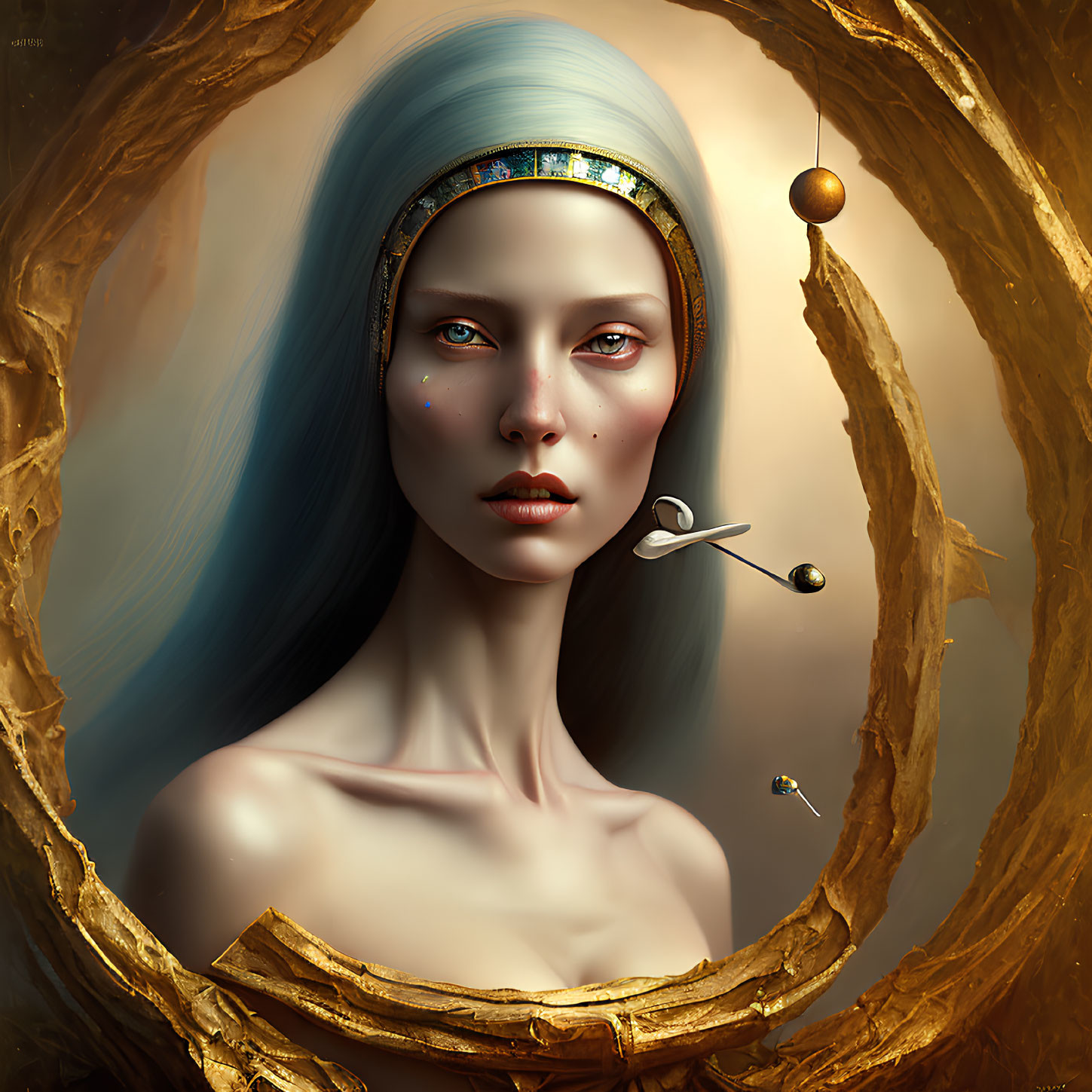 Woman with Blue Hair and Jeweled Headband in Golden Oval with Metallic Spheres