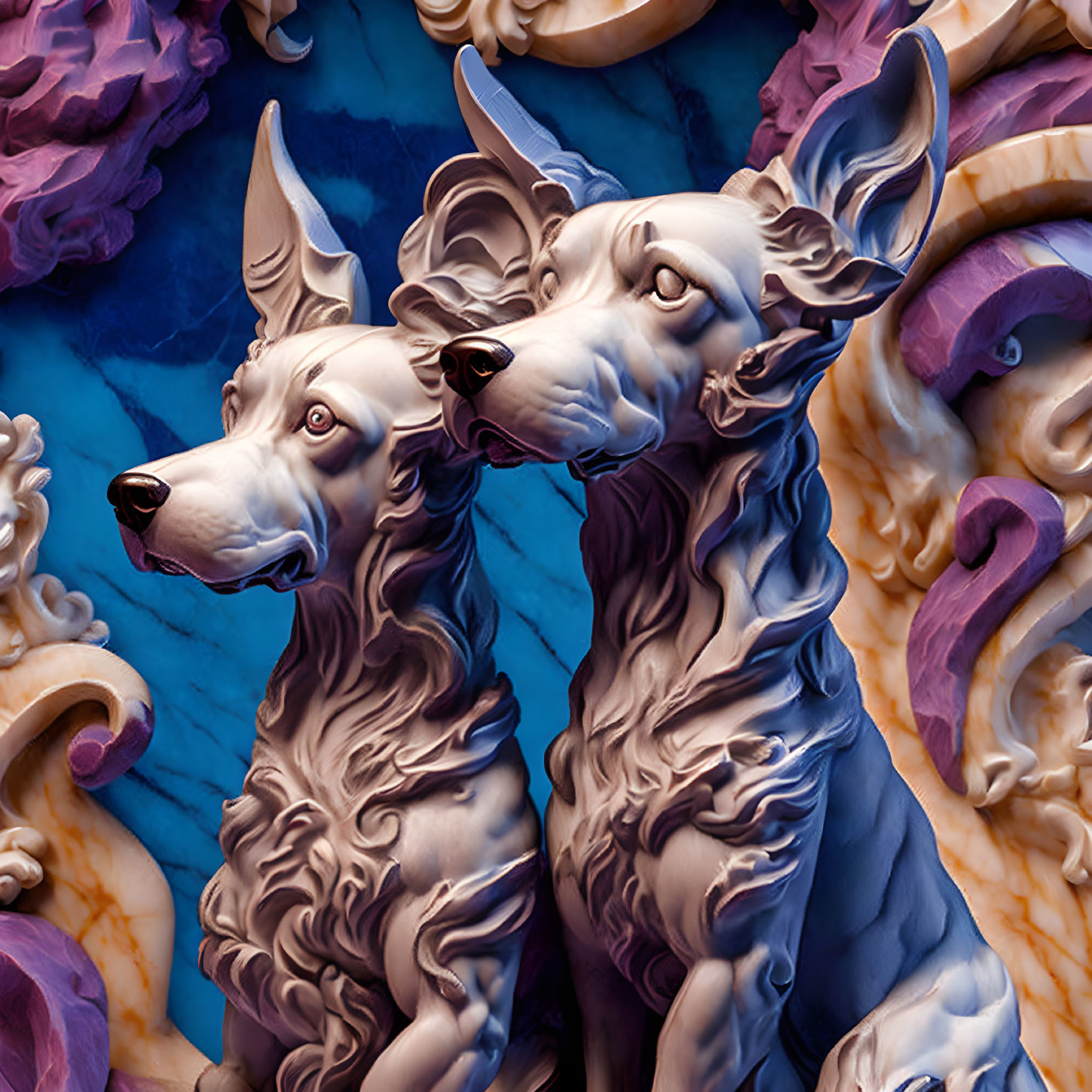 Marble-like sculpted dogs on abstract blue and purple background