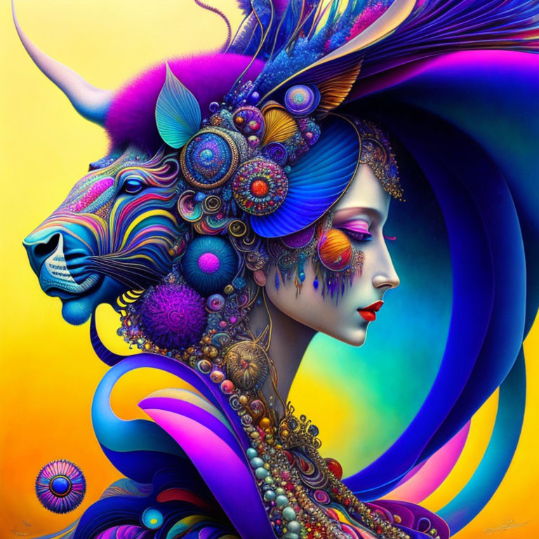 Colorful Woman's Profile Blended with Bull in Ornate Design