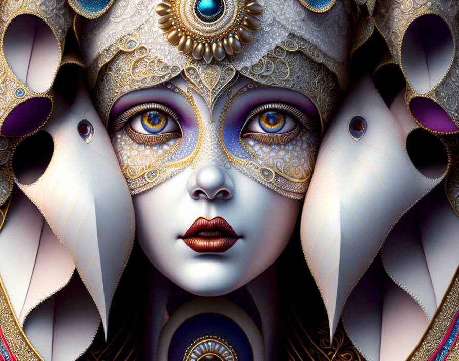 Fantasy character digital art: ornate golden headgear, violet eyes, intricate face patterns