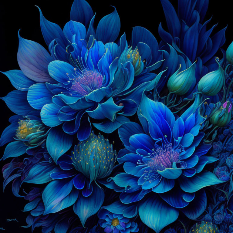 Vibrant blue flowers with intricate petals and golden centers on a dark background