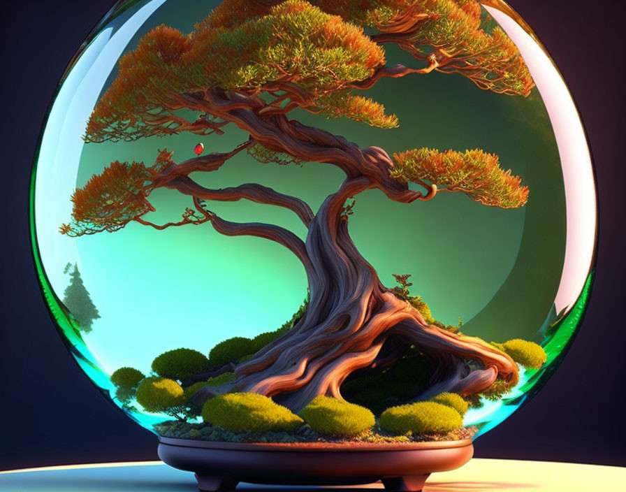 Stylized bonsai tree in transparent terrarium with magical aura