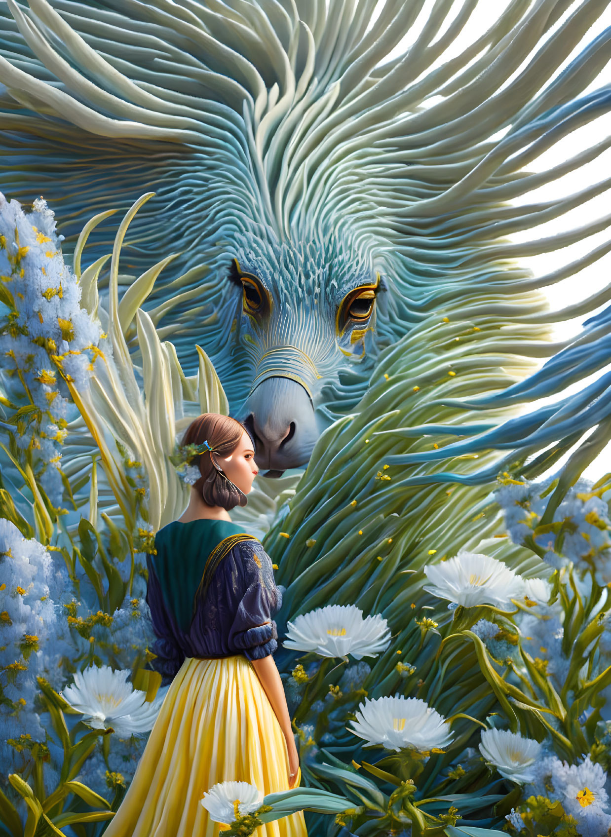 Colorful Dress Woman with Majestic Bird in Fantasy Setting