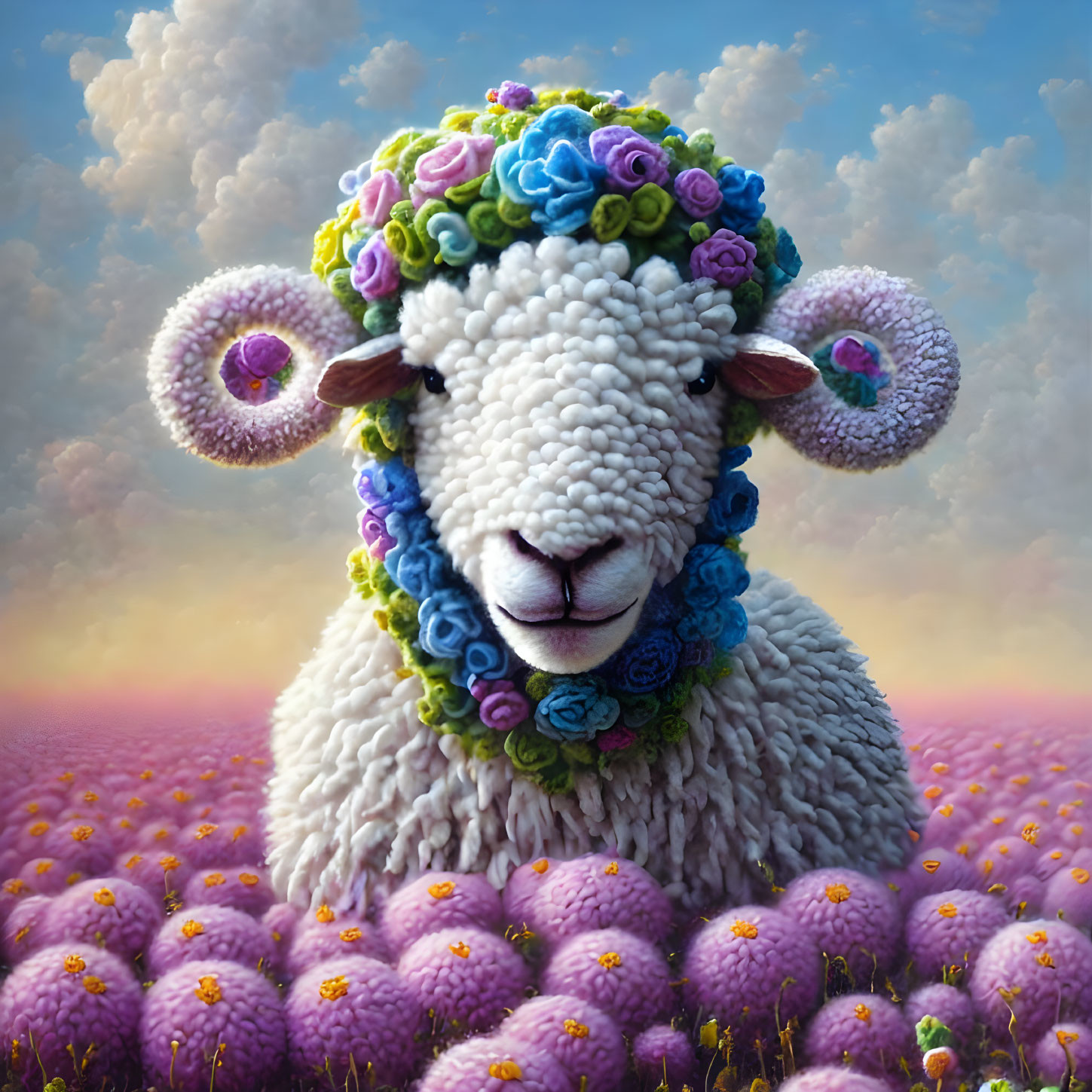 Illustration of sheep with floral wreath in purple flower field