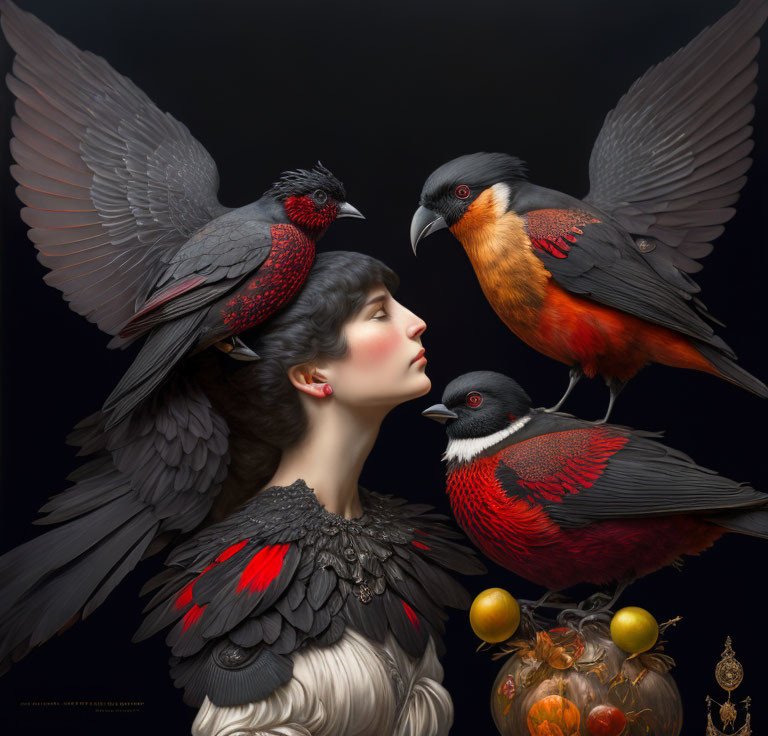 Woman adorned with feathers surrounded by realistic birds on dark background