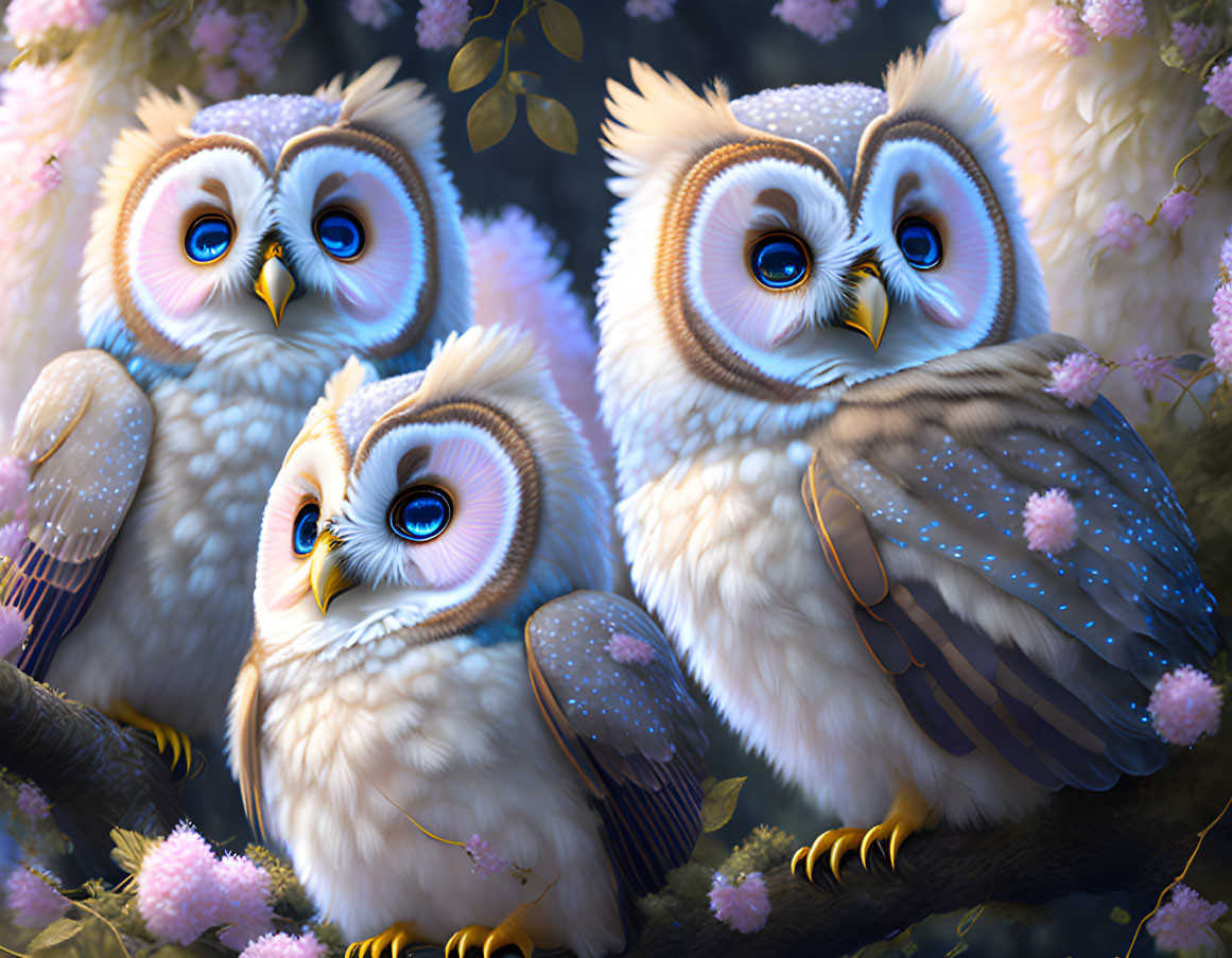 Three stylized owls with expressive eyes on branch with pink blossoms