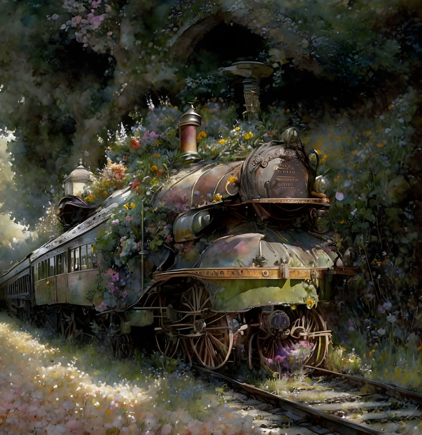 Vintage steam train covered in foliage amidst lush flora depicts magical scene.