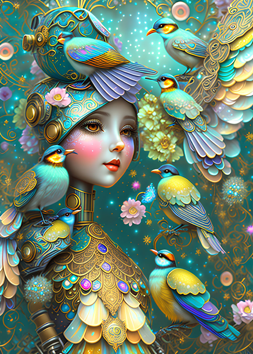 Ornate bird-themed feminine figure surrounded by colorful birds on floral backdrop