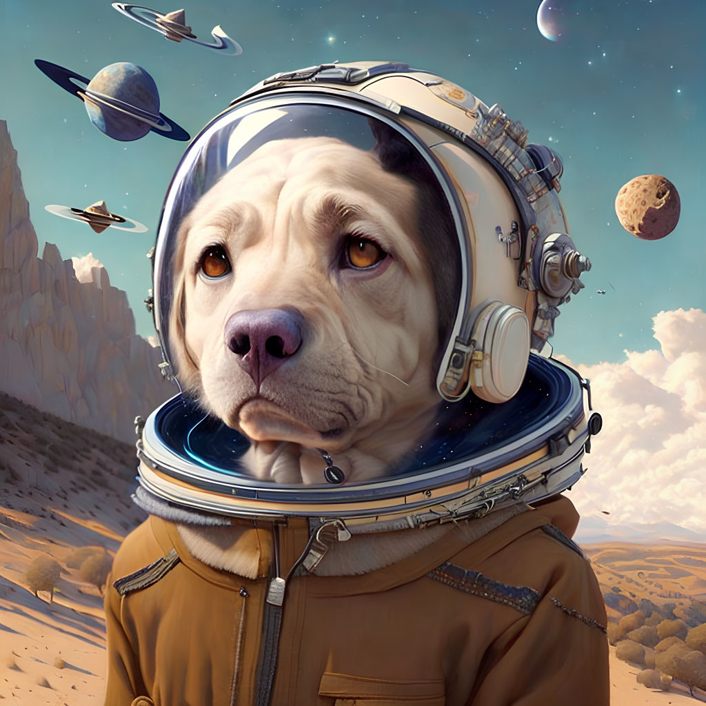 Digital artwork: Dog in astronaut suit on surreal desert planet landscape