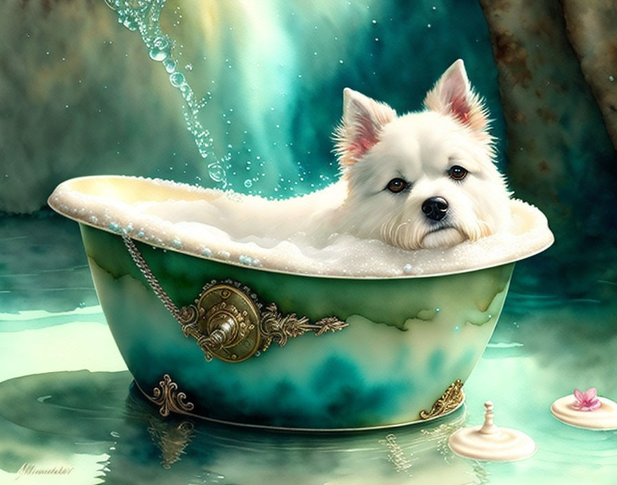 White Dog with Pointed Ears Sitting in Ornate Bathtub