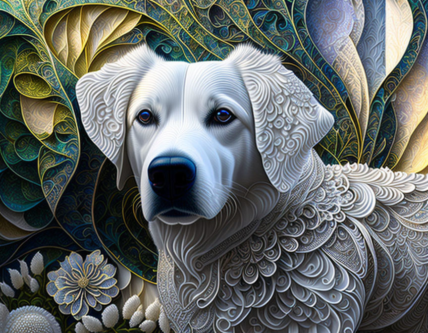 White Dog Digital Artwork with Intricate Floral Motifs in Blues and Golds