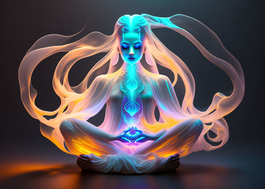 Blue-skinned figure meditating with glowing hair and energy hands