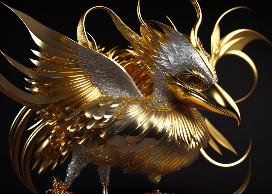 Golden mythical bird with intricate feathers and silver head on dark background