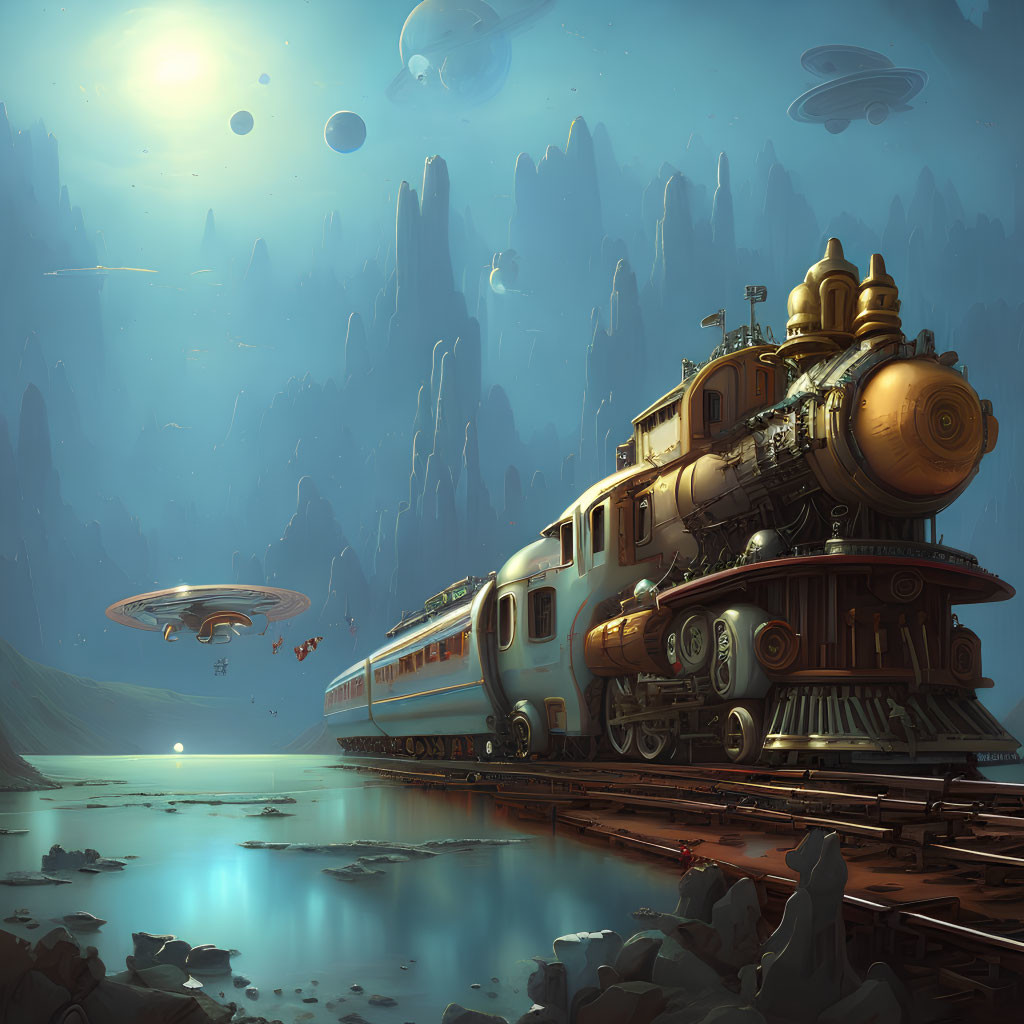 Vintage-style train in surreal landscape with rock formations, water, and flying saucers