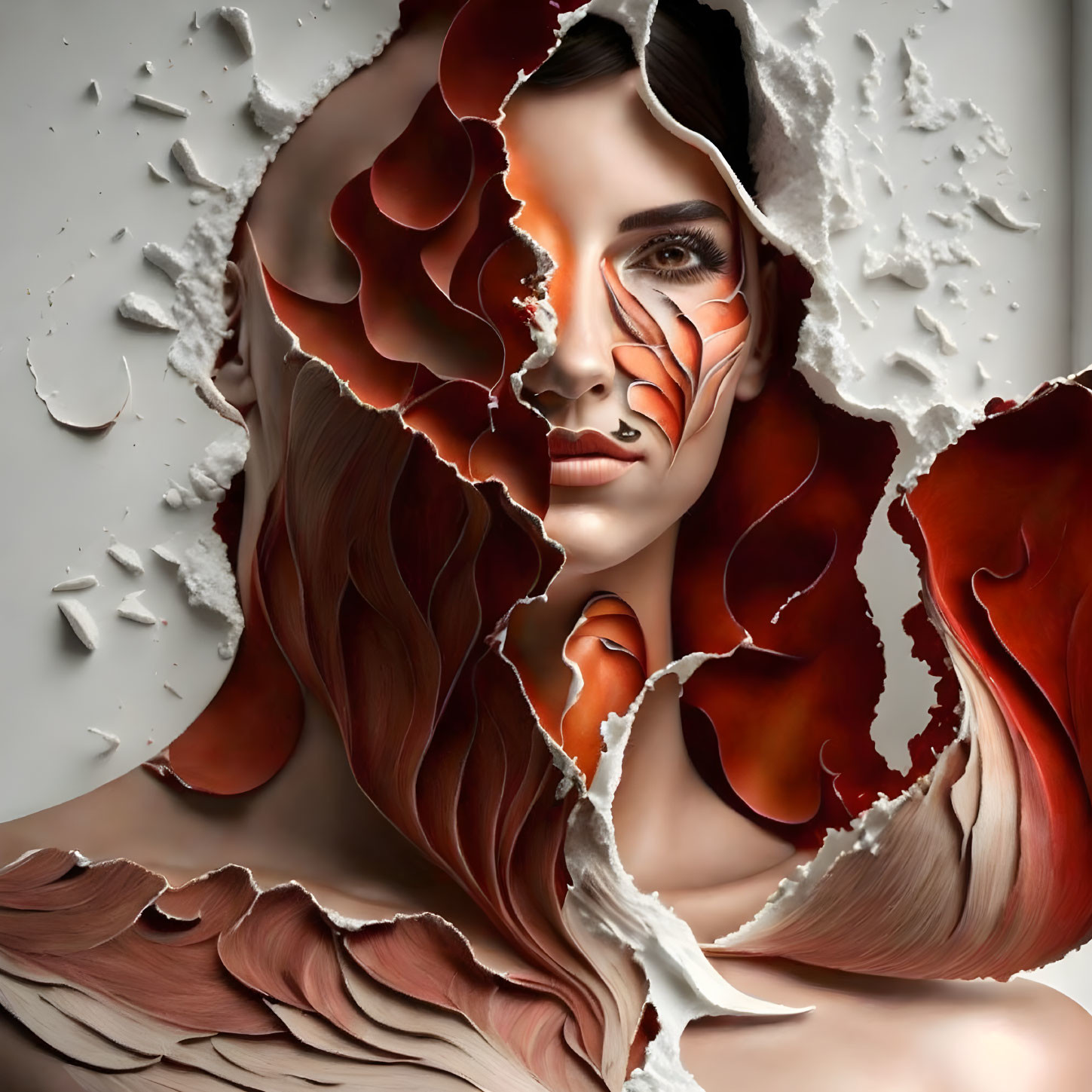 Abstract orange and white shapes merge with a woman's face in artistic composition