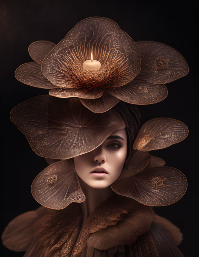 Elaborate flower headdress with candle on woman against dark backdrop